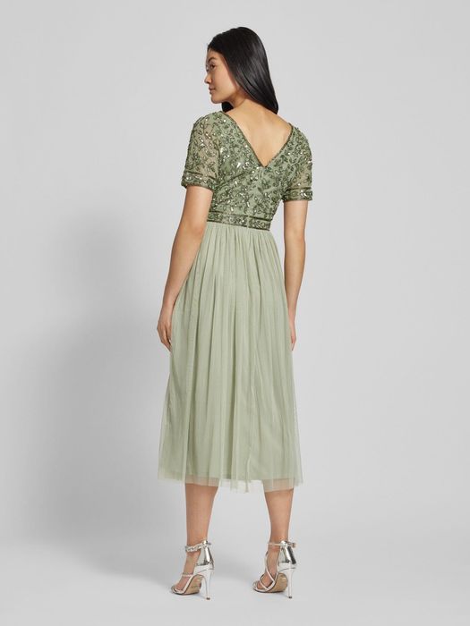 Официална рокля Lace&beads лъскава пайети и тюл зелена S рамер