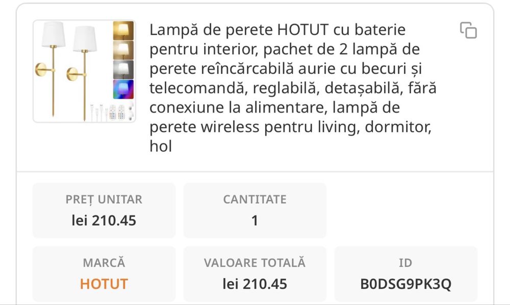 Vand 2 lampi de perete cu baterie