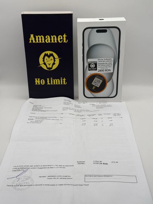iPhone 15 Black 128GB NOU Factura si Garantie 2ani , AMANET NO LIMIT.