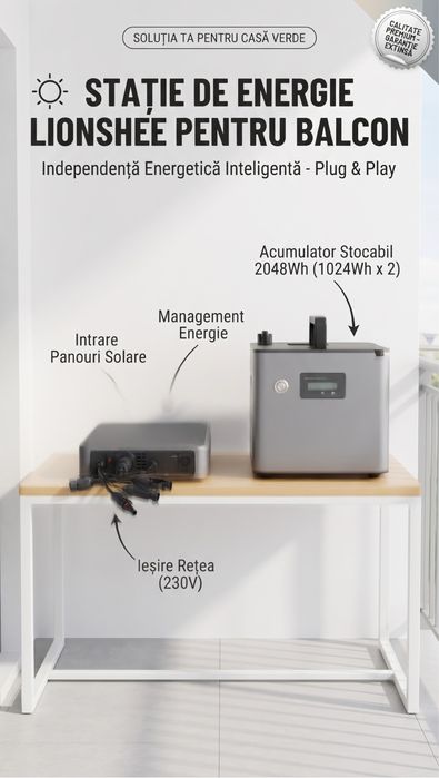 Sistem Stocare Energie Solară Balcon 2048Wh LiFePO4 + Hub 1600W