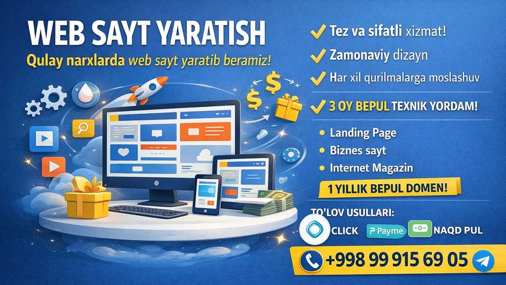 Web sayt yaratish || Tez + Zamonaviy + Arzon || 1 yil BEPUL Domen