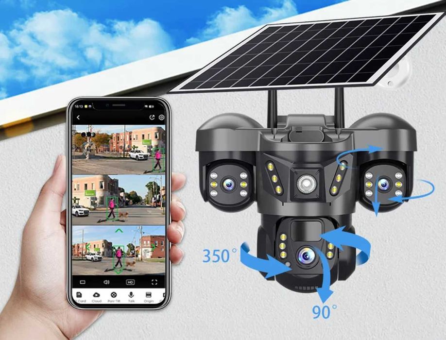 Camera Supraveghere 4G cu 3 camere rotative, cartela SIM & Panou Solar