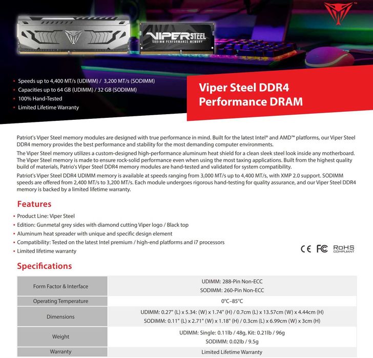 RAM 16GB 2x8gb Patriot Viper Steel DDR4 4133Mhz