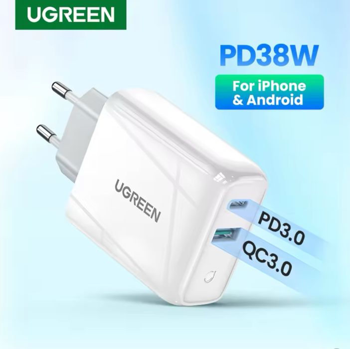 Чисто нов Fast charge адаптер зарядно с USB-A и USB-C гнезда