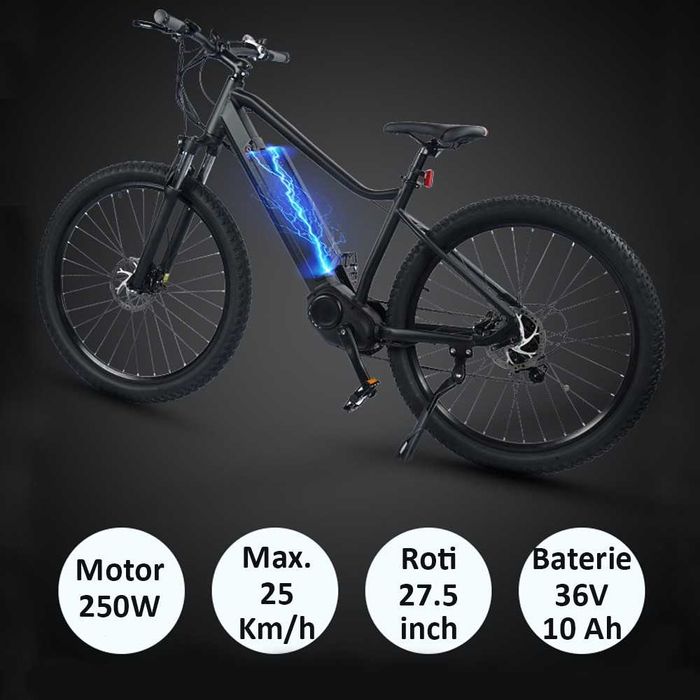 Bicicleta electrica 27.5 inch, 250W, acceleratie, autonomie asistata, aluminiu, Shimano 7 viteze