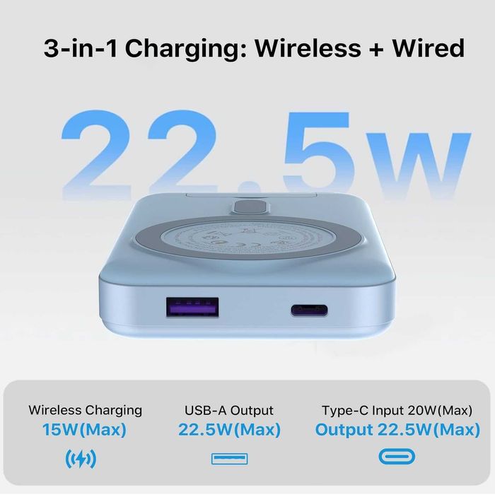 Магнитна външна батерия 10000mAh - MagSafe 22.5W със Стойка (Синя)