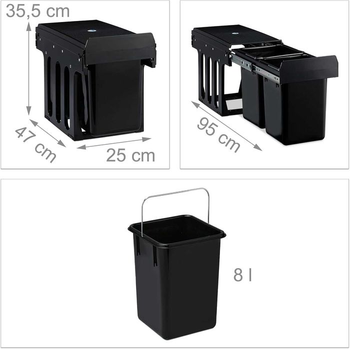Relaxdays вграден двоен издърпващ се кухненски кош за отпадъци, 2x8 л