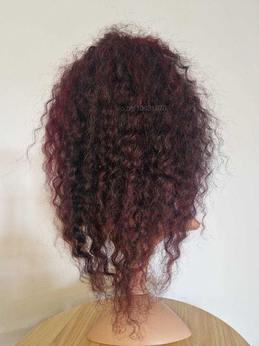 Естествена афро перука черна с тъмно червени кичури с дантела 13х4