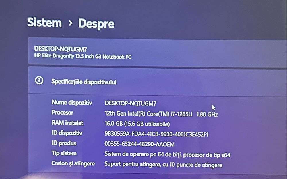 Laptop HP Elite Dragonfly G3 cu procesor Intel Core i7-1265U