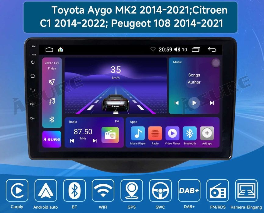Мултимедия за Toyota Aygo Citroen C1 Peugeot 108 навигация DIN Android