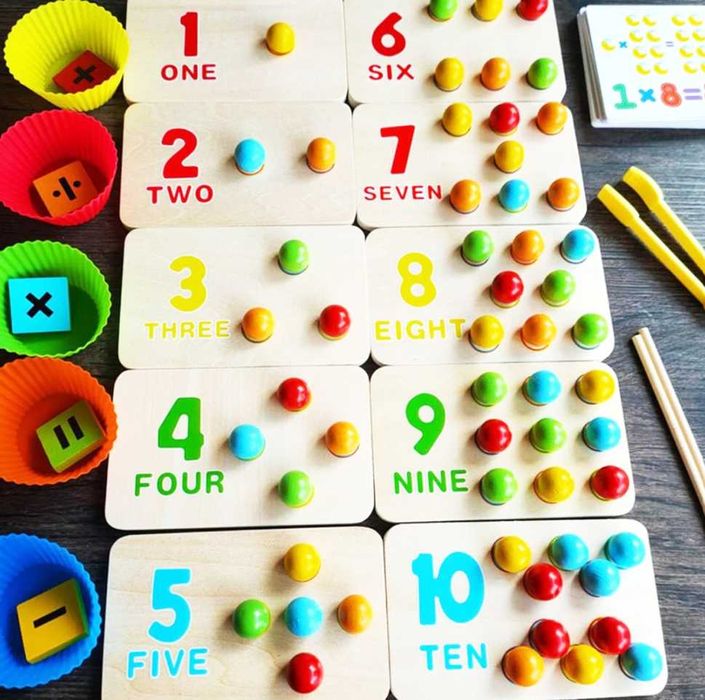 Дигитална дървена игра с топчета , математика , кошнички и пинсети