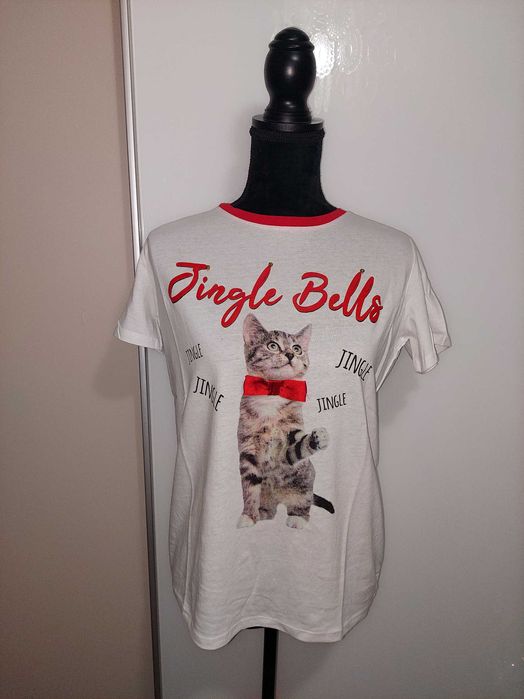 Tricou alb cu pisica si clopotei