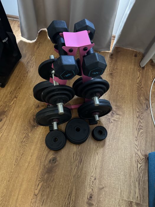 Set complet greutăți - discuti fonta Decathlon + gantere + stand 5x2