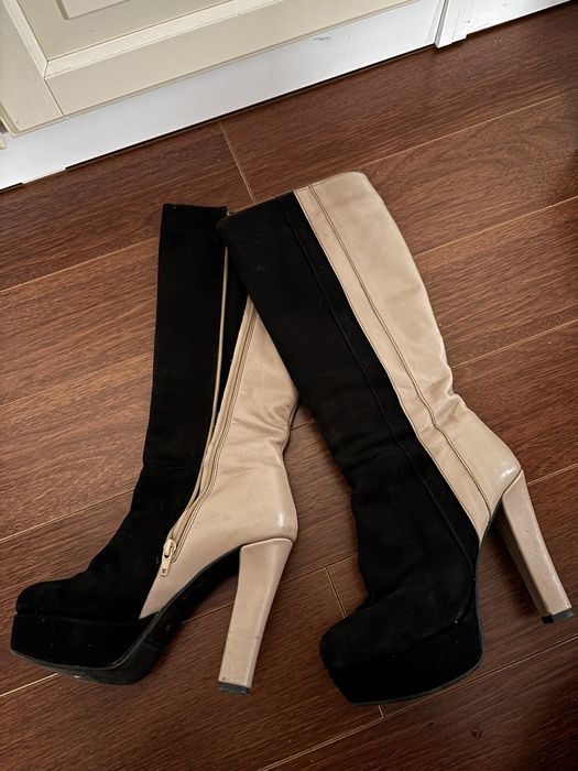 Cizme maro negru cu toc, din piele