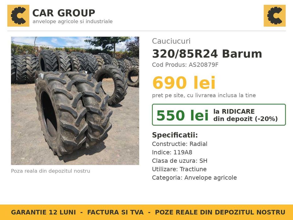 Cauciucuri 12.4-24 12.4R24 Barum Anvelope Tractor SH IEFTIN Garantie Factura John Deere Fendt Case