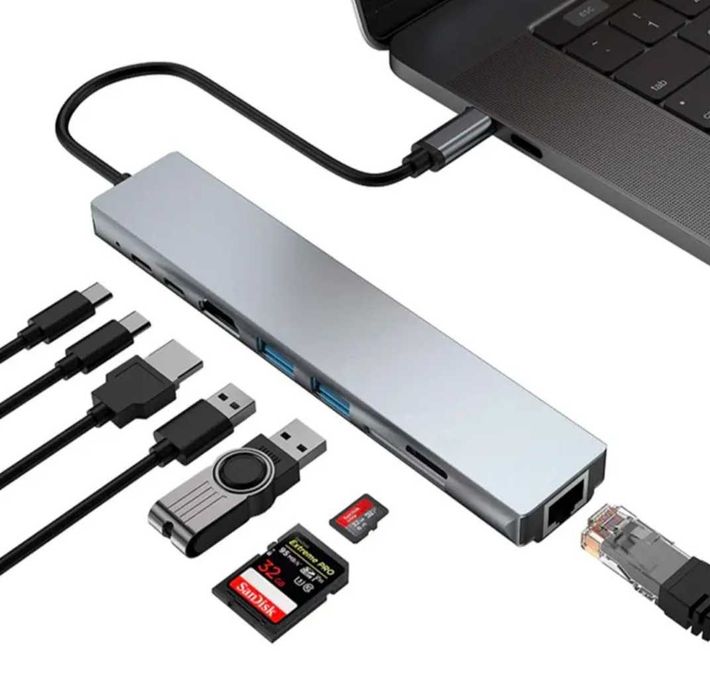 HUB Type C 8 в одном (USB, HDMI, Card reader, Lan). Алматы.