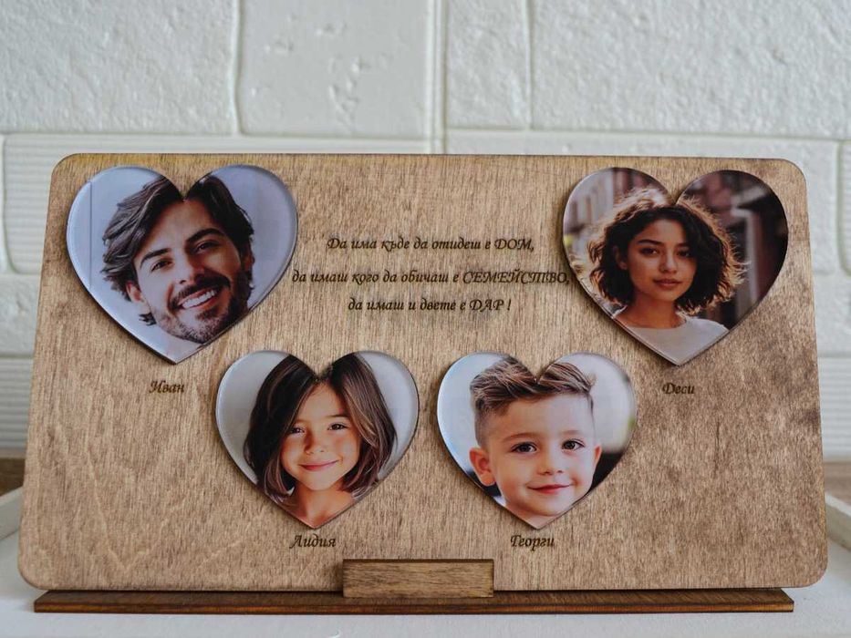 Дървен дисплей с до четири Ваши снимки и гравирано послание