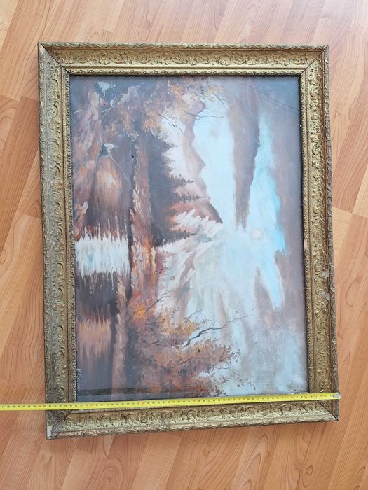 Tablou Vechi de Colectie impresionant „Pescar montan toamna ” – pictor V. Casacu (66.5 x 48 cm), ulei pe panza, rama stuc baroc aurita.