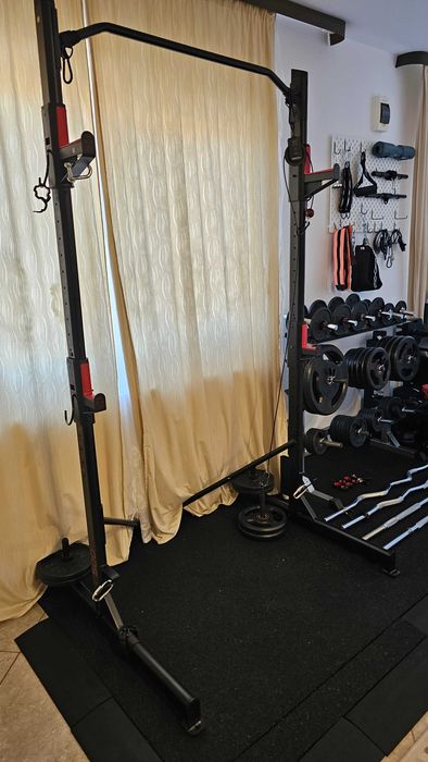 Home gym complet Decathlon Domyos - Half Rack 500, 199 kg discuri, bare, gantere, suport depozitare