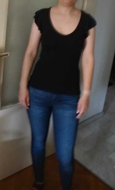 Mango нова черна рипсена блуза с къси набрани ръкави