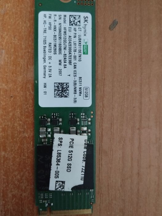 Продается Nvme SkHynix BC511 512GB в хорошем состоянии. Здоровья 100%