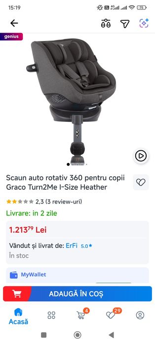 Vand Scaun auto rotativ 360 pentru copii
Graco Turn2Me I-Size Heather