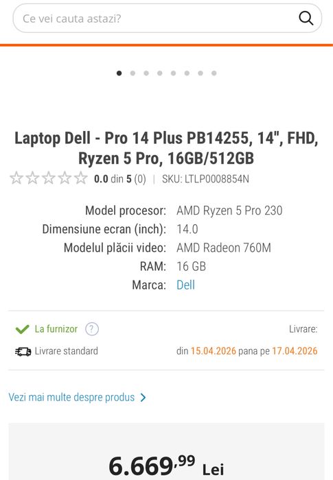 Laptop Dell - Pro 14 Plus, Ryzen 5 Pro AI, sigilat, transport inclus, model 2025
