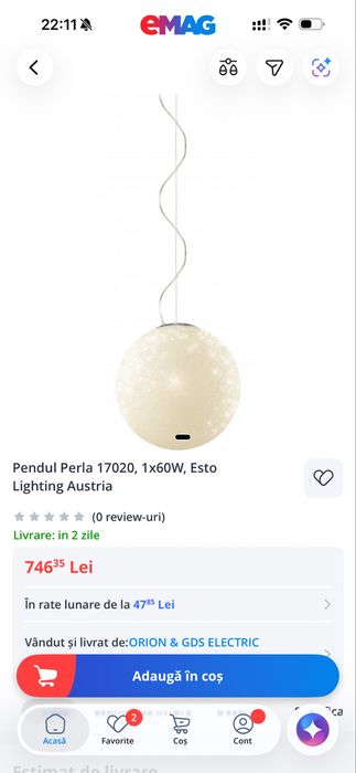Pendul Perla 17020, 1x60W, Esto Lighting Austria