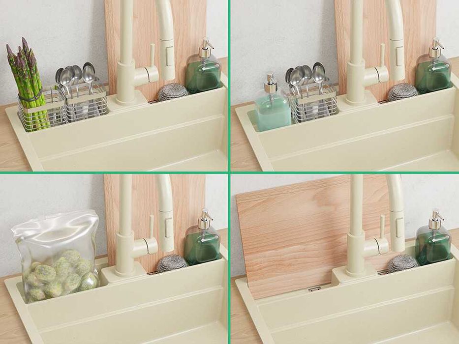 беж кухненска мивка за вграждане Берген 60 Double Pocket 560x540 мм