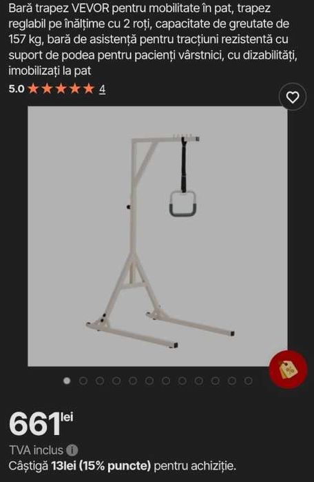 Bară Ridicare Pat (Trapez) – Suport Mobilitate, 158 kg, NOUĂ