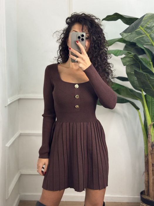 нова мека плетена рокля кафяво бордо черно