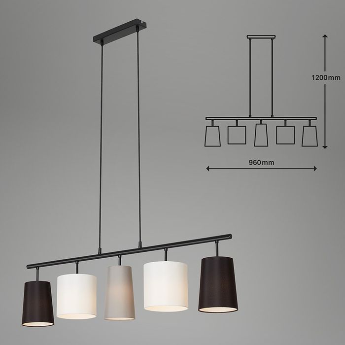 Висящ,линеен полилей с текситлни абажури 5 крушки