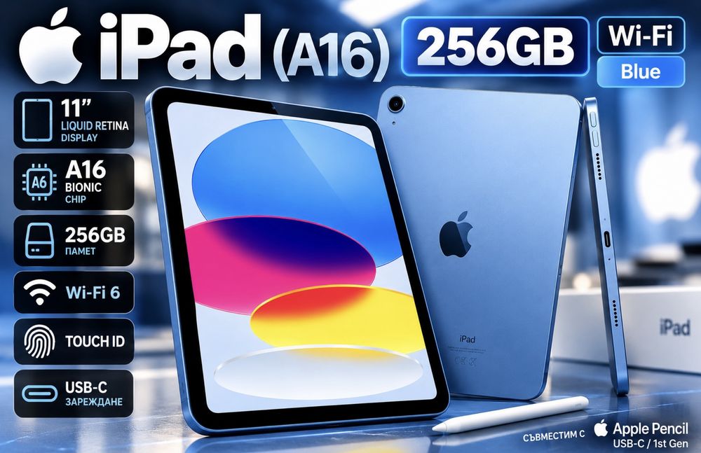 НОВ!!! Таблет Apple iPad (A16) 11”, 256GB, Wi-Fi, Blue