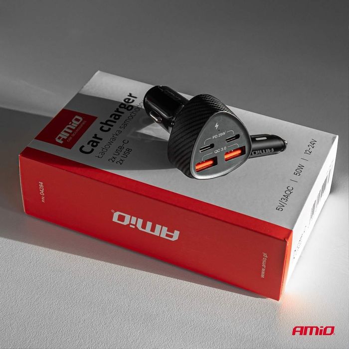 зарядно за кола 50w 2x usb-a + 2x usb-c amio-04284