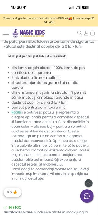 Patut Bebe din lemn masiv Woodies 90x40 , laterale reglabile, cu saltea cocos si cearsaf impermeabil
