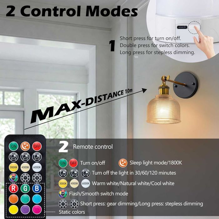 Комплект от 2 стенни лампи FTL, зареждащи се крушки и дистанционно