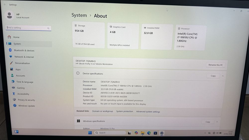 HP ZBook FireFly G7 15.6” 4K / i7-10610u /32GB RAM 1TB SSD Nvidia P520