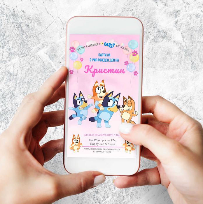 Персонализирана дигитална покана за детски рожден ден- Bluey Spiderman