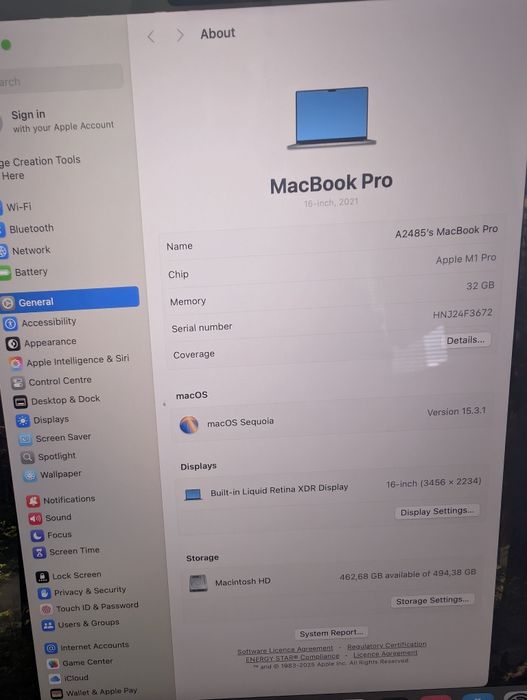 Лаптоп Macbook PRO 16 M1 PRO 32GB 512GB КАТО НОВ