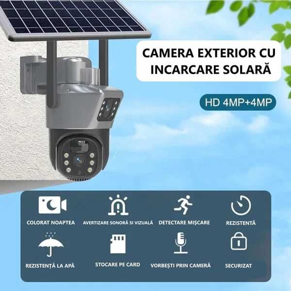 Camera Supraveghere Panou Solar 4G Dubla Doua Lentile 4G HD 8MP 360°