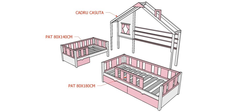 Pat dublu copii - tip casuță