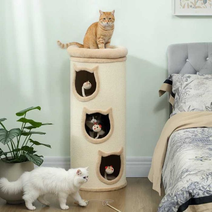PawHut Котешка драскалка за котки, 96 см, 4-етажна котешка кула с миещо се легло