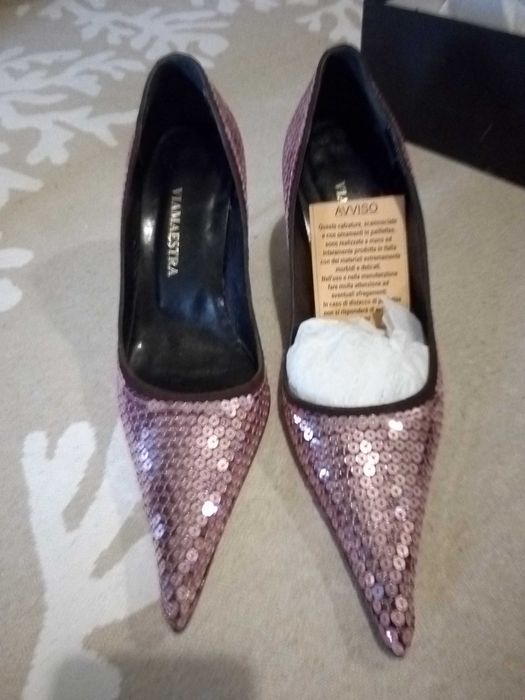 Pantofi sequin paiete piele intoarsa maro stilletto toc 5 ascutiti roz