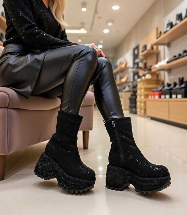 Спортни обувки на платформа - черни с камъчета 36-40 номер