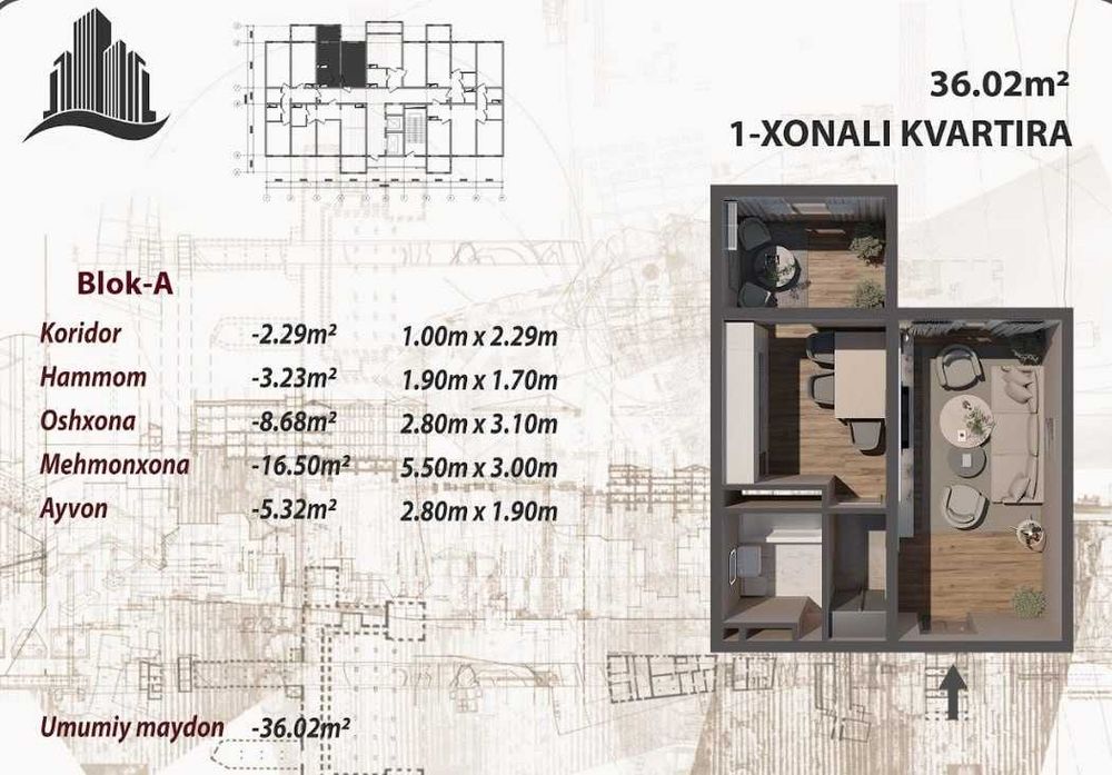 1-комн в Алмазаре, круг Жомий, с ремонтом, рассрочка 28 мес(М)