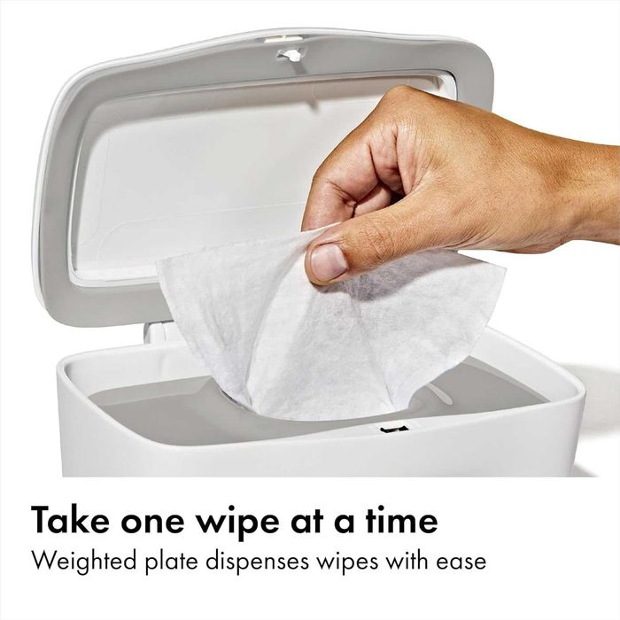 OXO TOT Perfect Pull Wipes Dispenser – Дозатор за влажни кърпички с тежка плоча, за използване с една ръка, сив