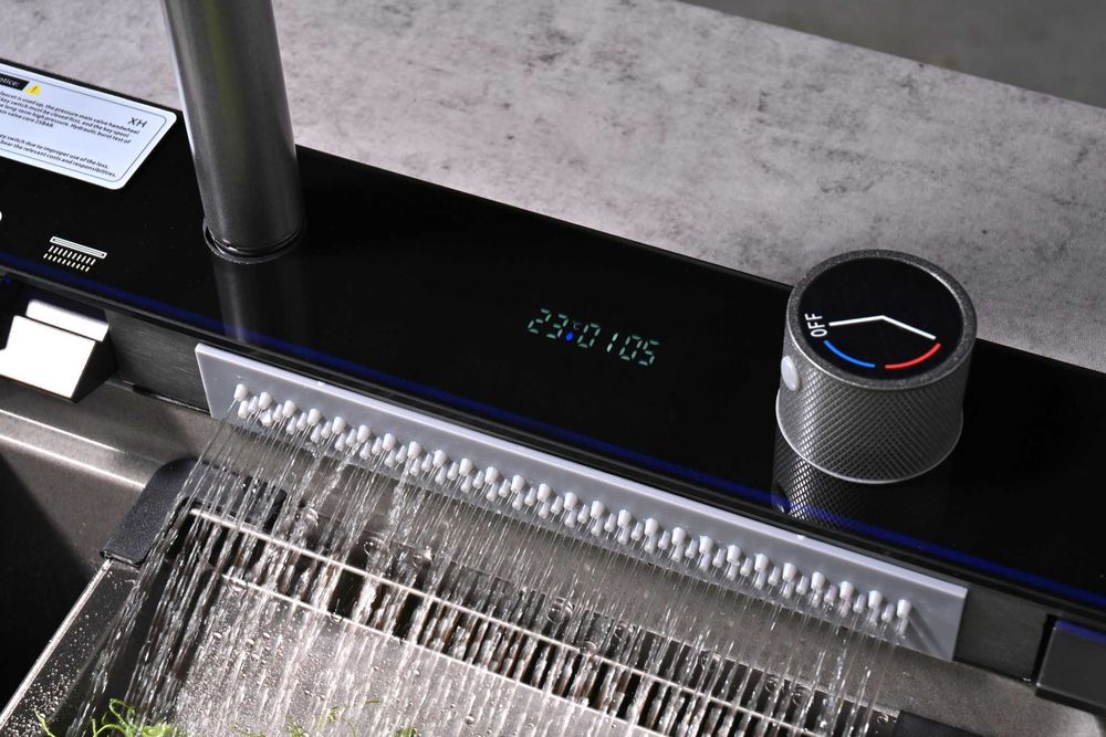 Сива гранитна мултифункционална кухненска мивка с двоен водопад