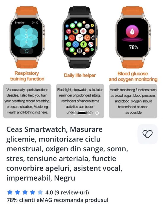 Smartwatch cu senzor glicemie si oxigen