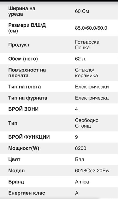 Готварска печка AMICA 6018CE2.20EW