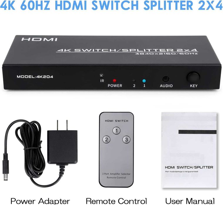 4K-60Hz HDMI Switch Splitter 2in 4Out,telecomandă,3.5mm out,audioSPDIF